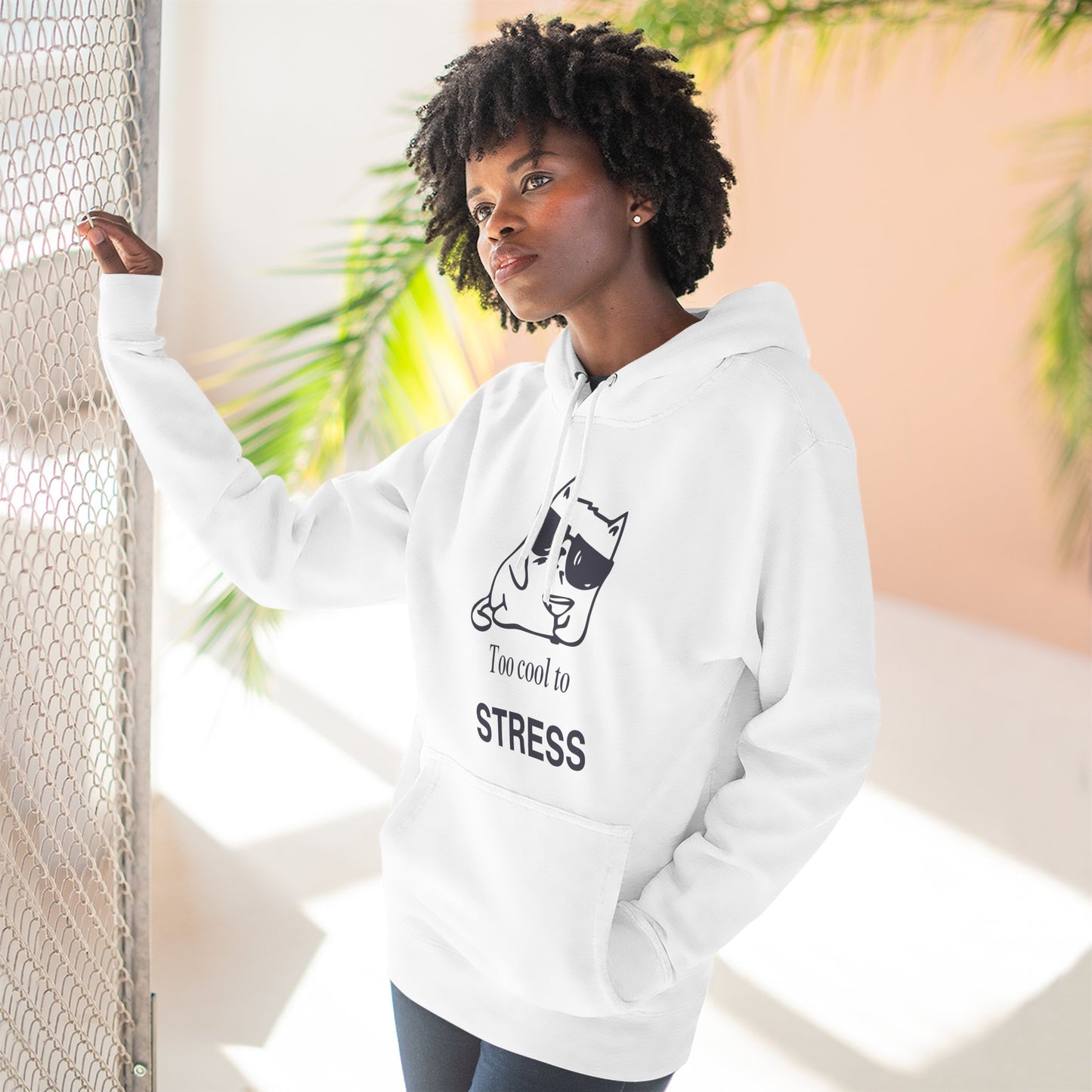 Too Cool to Stress Hoodie — Relaxed Cat Graphic Fleece Pullover