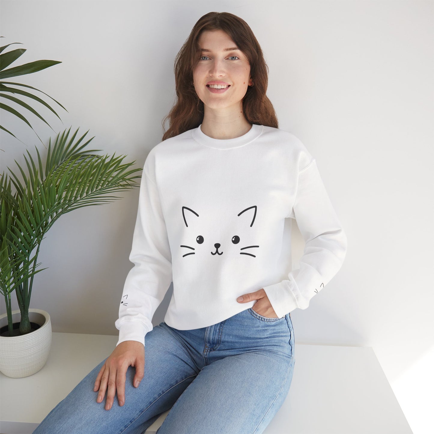 Cute Minimal Cat Face Sweatshirt — Cozy Crewneck for Cat Lovers