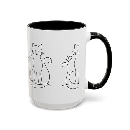 Cute Line Art Cat Coffee Mug — Minimalist Cat Paw Heart Accent Mug (11/15oz)