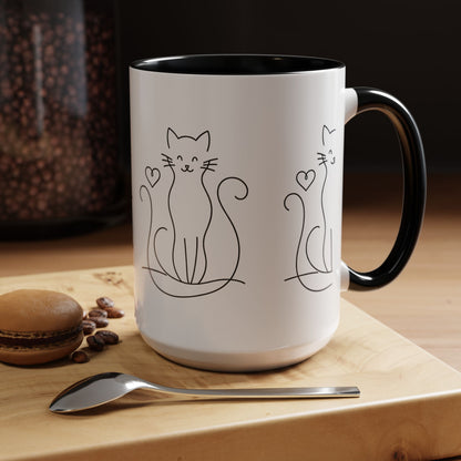 Cute Line Art Cat Coffee Mug — Minimalist Cat Paw Heart Accent Mug (11/15oz)