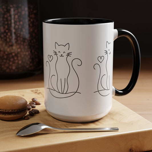 Cute Line Art Cat Coffee Mug — Minimalist Cat Paw Heart Accent Mug (11/15oz)