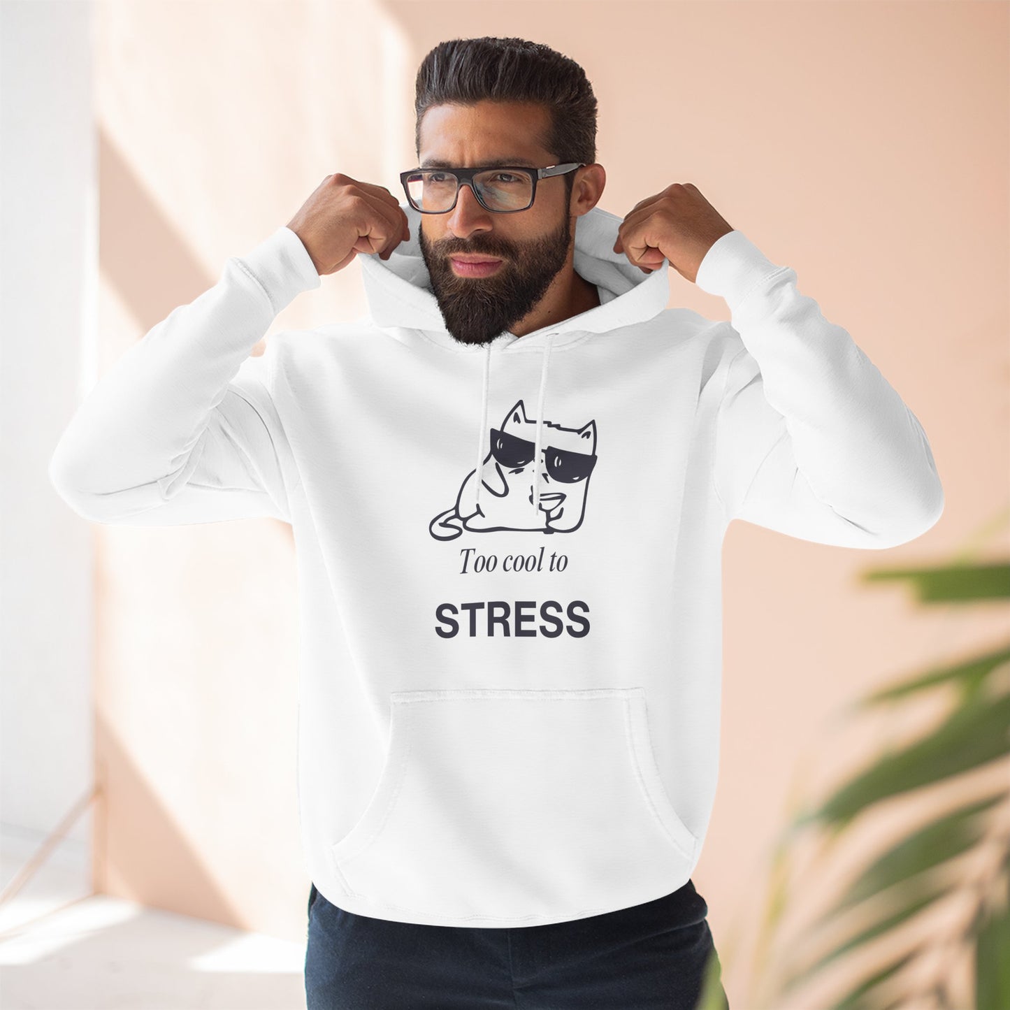 Too Cool to Stress Hoodie — Relaxed Cat Graphic Fleece Pullover