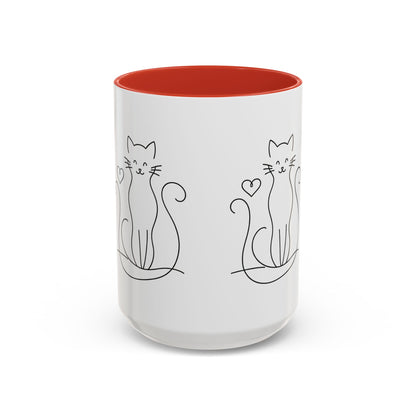 Cute Line Art Cat Coffee Mug — Minimalist Cat Paw Heart Accent Mug (11/15oz)