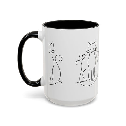Cute Line Art Cat Coffee Mug — Minimalist Cat Paw Heart Accent Mug (11/15oz)