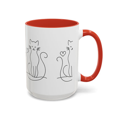 Cute Line Art Cat Coffee Mug — Minimalist Cat Paw Heart Accent Mug (11/15oz)